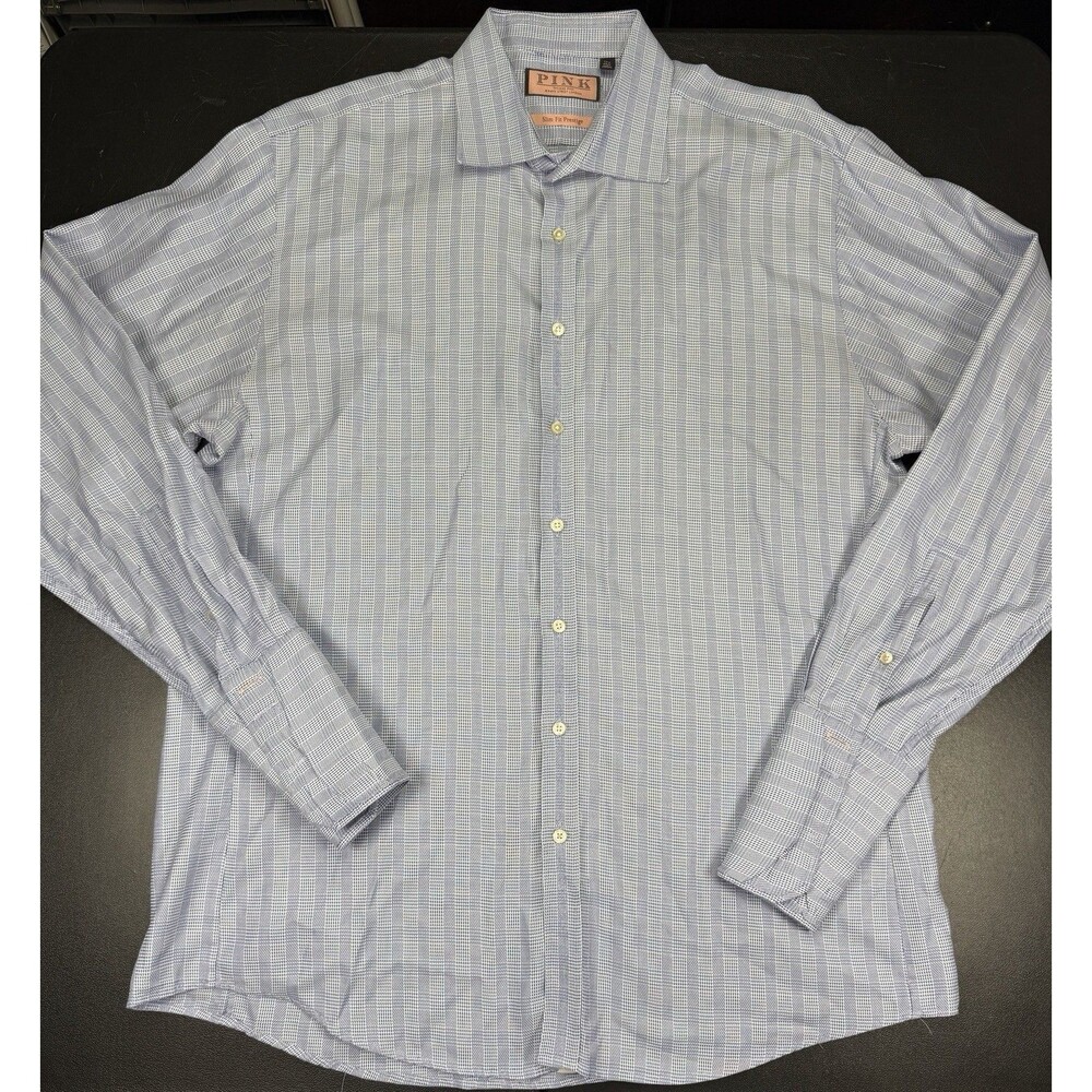 Thomas Pink Slim Fit Prestige Shirt Mens 17.5 44 Blue White Micro Check Cotton